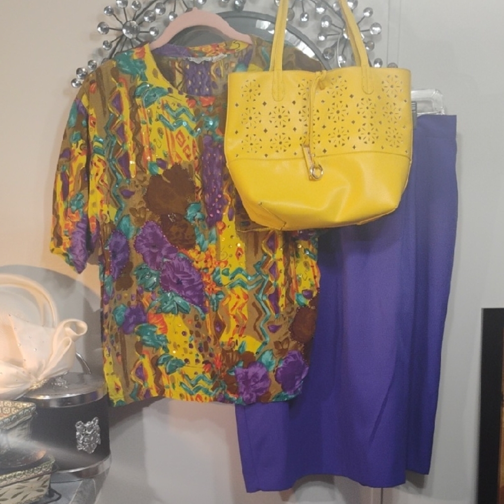 Vibrant Floral Multicolor Blouse with Purple Skirt and Yellow Tote